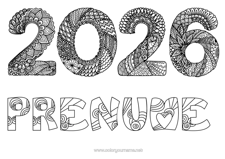 Pagină de colorat de imprimat La Mulți Ani! Zentangle 2026