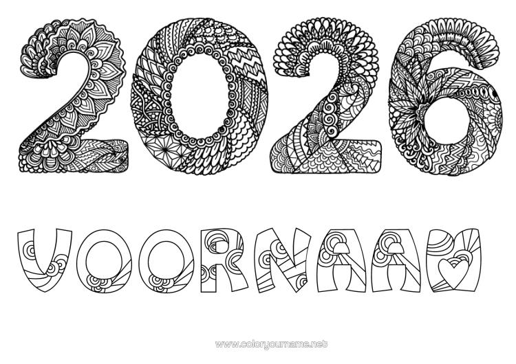 Kleurplaat om af te drukken Gelukkig Nieuwjaar Zentangle 2026