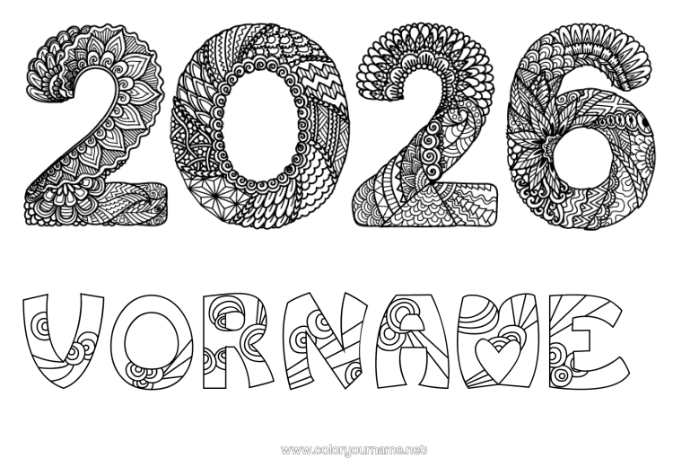 Malvorlage zum Ausdrucken Frohes Neues Jahr Zentangle 2026