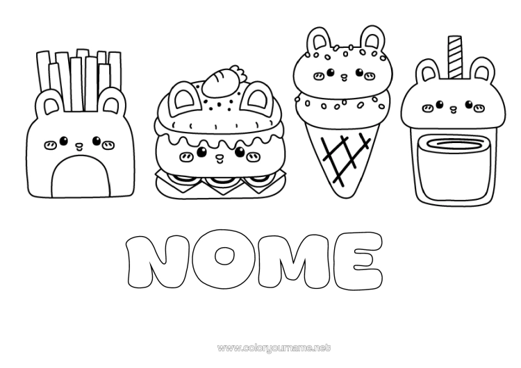 Pagina da colorare da stampare Kawaii Bevanda Dolci, Zuccherini Gelato Hamburger Patatine