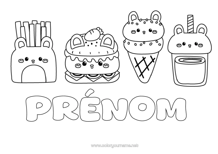 Coloriage à imprimer Kawaii Boisson Gourmandises, Sucreries Glace Hamburger Frites
