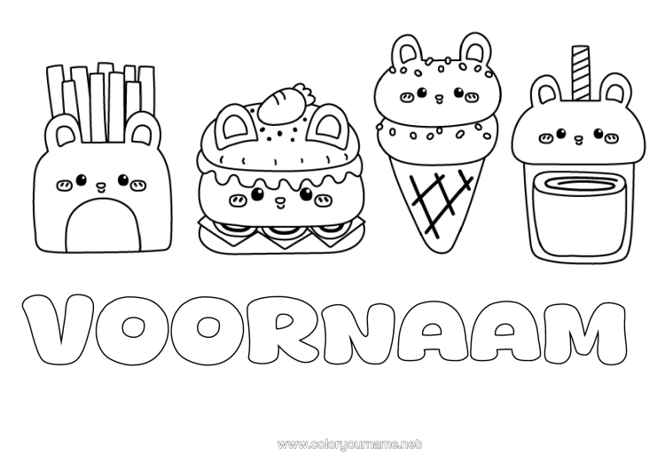 Kleurplaat om af te drukken Kawaii Drankje Lekkernijen, Zoetigheden Ijs Hamburger Frieten