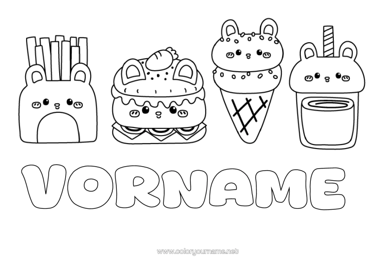 Malvorlage zum Ausdrucken Kawaii Getränk Leckereien, Süßigkeiten Eis Hamburger Pommes