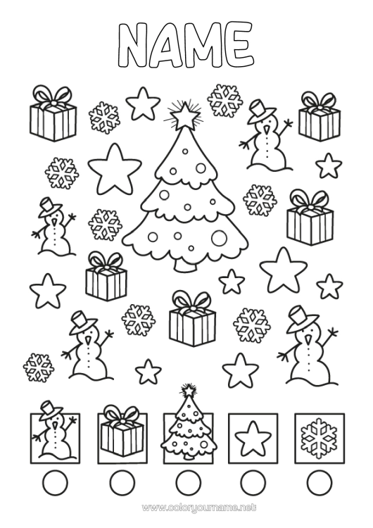 Coloring page to print Winter Gifts Christmas Tree Snowman Children's Activities Snowflakes I Spy Easy Coloring Pages Count And Color