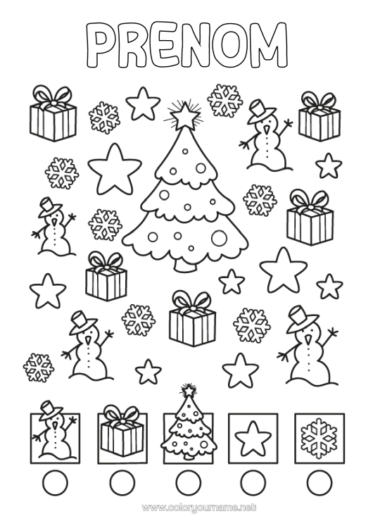 Coloriage à imprimer Hiver Cadeaux Sapin De Noël Bonhomme De Neige Activités Enfants Flocons De Neige Cherche Et Trouve Coloriages Faciles Compte Et Colorie