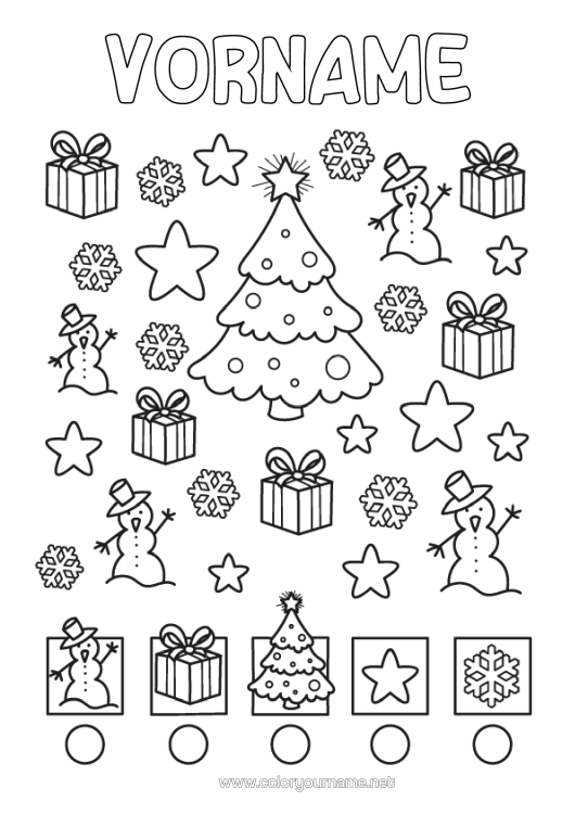Malvorlage zum Ausdrucken Winter Geschenke Weihnachtsbaum Schneemann Kinderaktivitäten Schneeflocken Finde Und Entdecke Einfache Ausmalbilder Zähle Und Male Aus