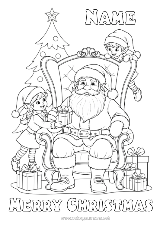 Colouring page to print Gifts Christmas Tree Father Christmas Christmas Elves Christmas Elf Colouring Pages