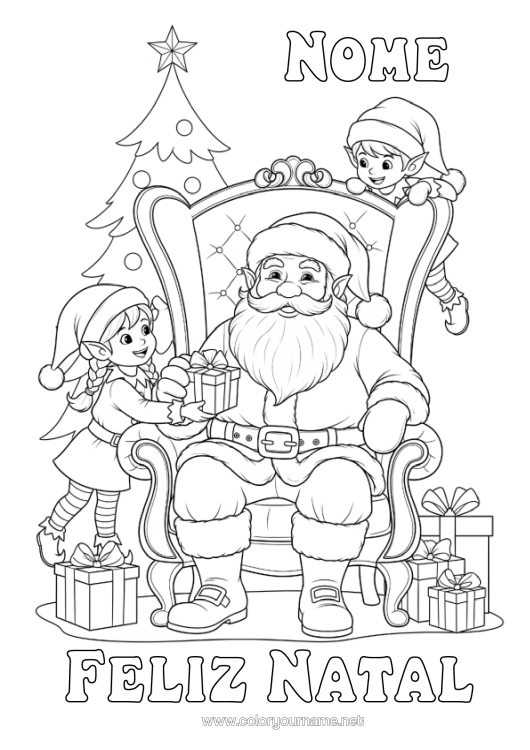 Página de desenho para imprimir Presentes Árvore De Natal Pai Natal Elfo De Natal Natal Páginas Para Colorir De Elfos
