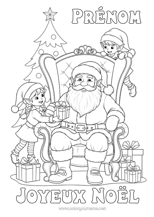 Coloriage à imprimer Cadeaux Sapin De Noël Père Noël Lutins De Noël Noël Coloriages Lutins