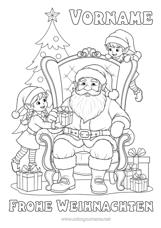Malvorlage zum Ausdrucken Geschenke Weihnachtsbaum Weihnachtsmann Weihnachtself Weihnachten Elfen Ausmalbilder