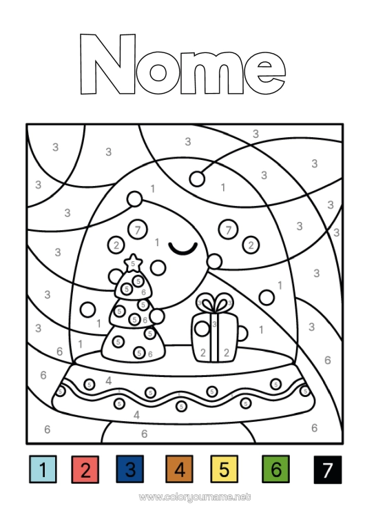 Pagina da colorare da stampare Neve Inverno Regali Colorare Per Numeri Attività Per Bambini Disegni Da Colorare Facili Abete Palla Di Neve