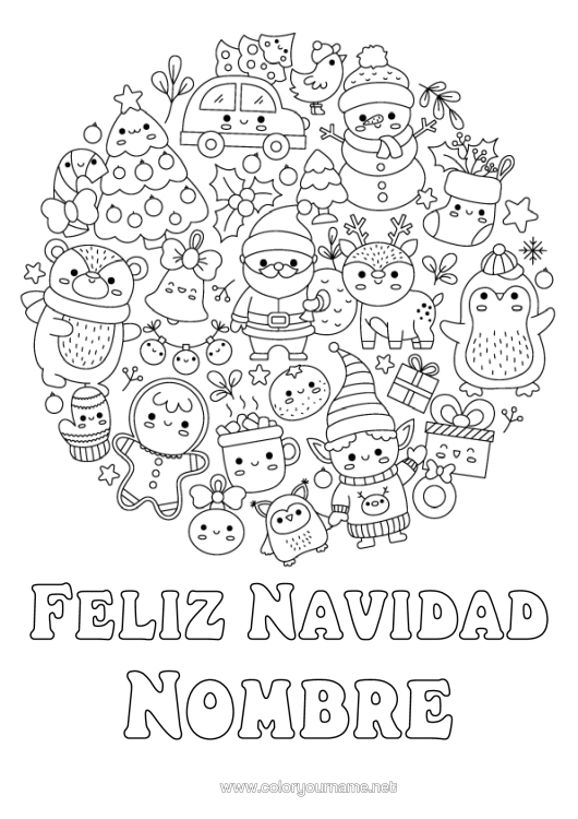 Dibujo para colorear para imprimir Árbol De Navidad Papá Noel Muñeco De Nieve Elfos De Navidad Mandala Navidad Kawaii Pingüino Bastón De Caramelo Simbolos Aves Y Mamíferos Voladores Animales Del Bosque Ciervo Calcetín De Navidad
