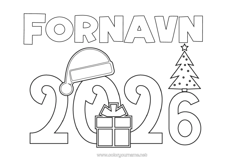 Farvelægningssiden til udskrivning Juletræ Godt Nytår Julehue 2026