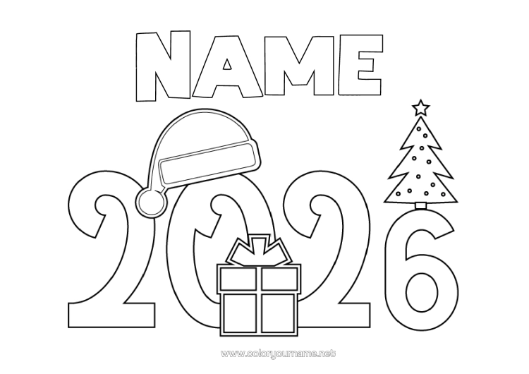 Colouring page to print Christmas Tree Happy New Year Christmas Hat 2026