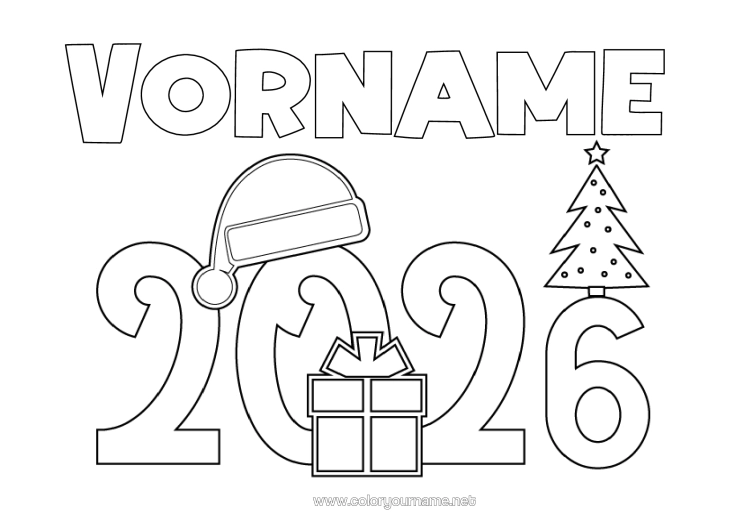Malvorlage zum Ausdrucken Weihnachtsbaum Frohes Neues Jahr Weihnachtsmütze 2026
