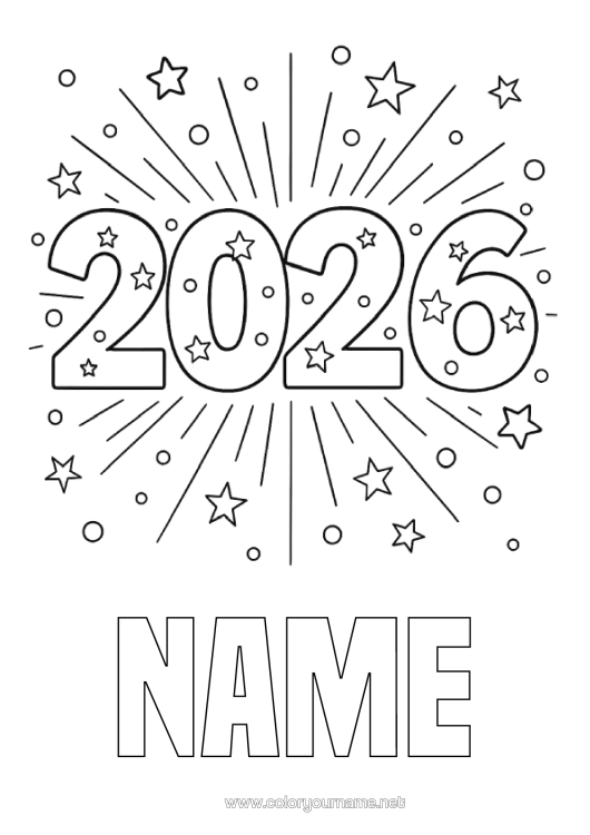 Colouring page to print Happy New Year Firework Stars 2026