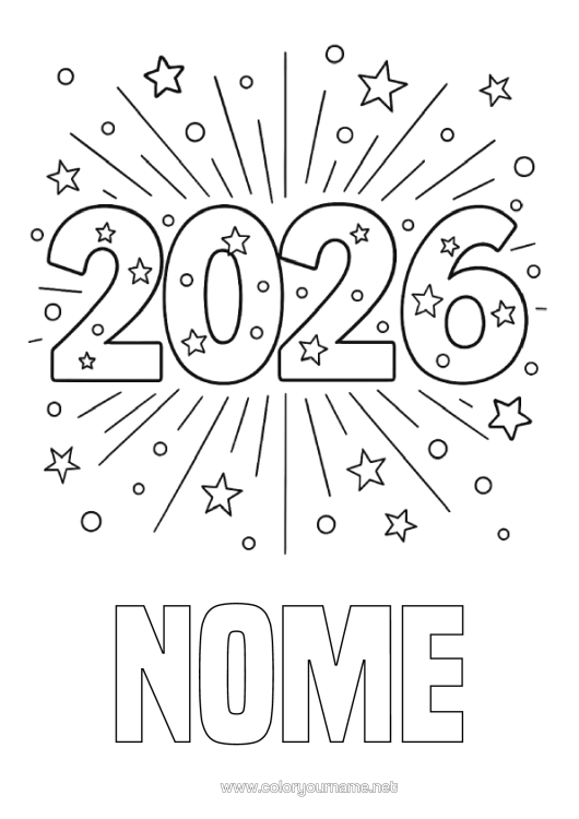 Pagina da colorare da stampare Buon Anno Fuochi D'artificio Stelle 2026