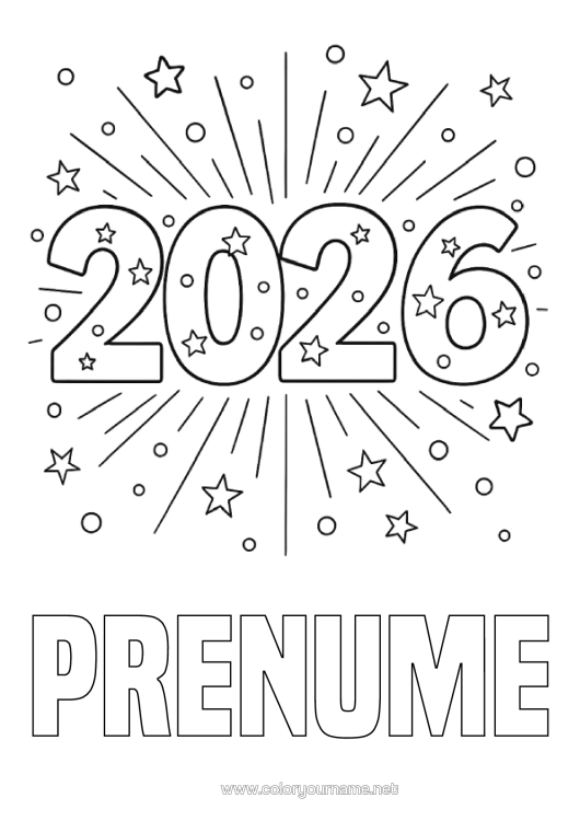 Pagină de colorat de imprimat La Mulți Ani! Foc De Artificii Stele 2026