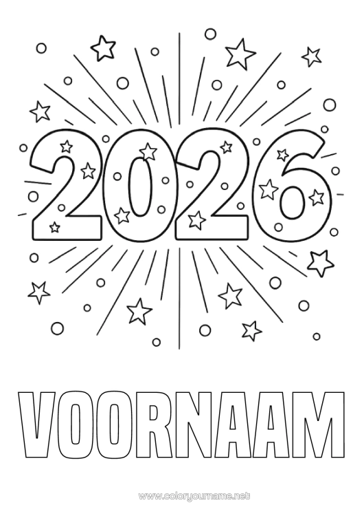 Kleurplaat om af te drukken Gelukkig Nieuwjaar Vuurwerk Sterren 2026