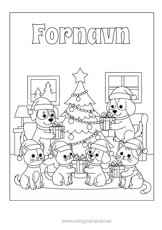 Fargeleggingssiden til utskrift Katt Gaver Juletre Jul Hund Hunder Og Katter Julelue