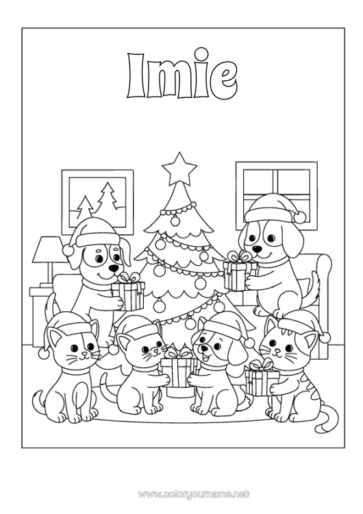 Kolorowanka do wydruku Kot Prezenty Choinka Bożonarodzeniowa Boże Narodzenie Pies Psy I Koty Czapka Świąteczna