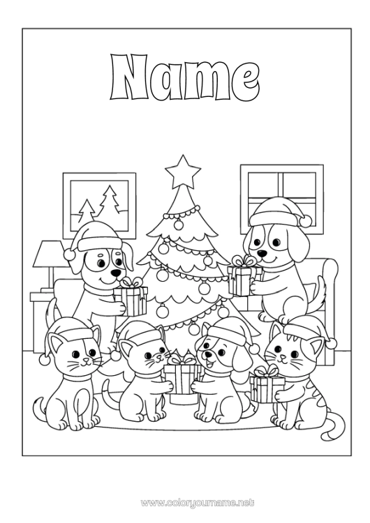 Colouring page to print Cat Gifts Christmas Tree Christmas Dog Animal Dogs And Cats Christmas Hat