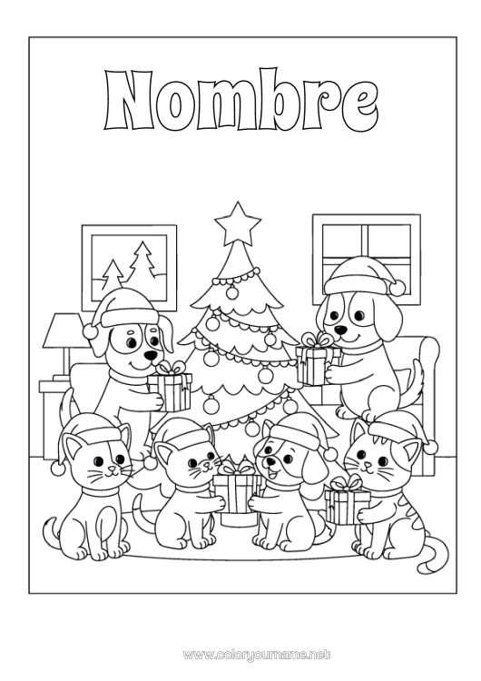 Dibujo para colorear para imprimir Cat Regalos Árbol De Navidad Navidad Perro Perros Y Gatos Gorro Navideño