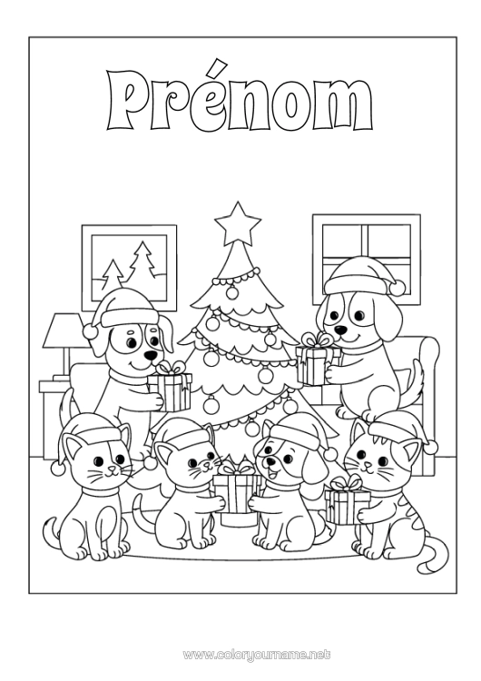 Coloriage à imprimer Chat Cadeaux Sapin De Noël Noël Chien Chiens Et Chats Bonnet De Noël