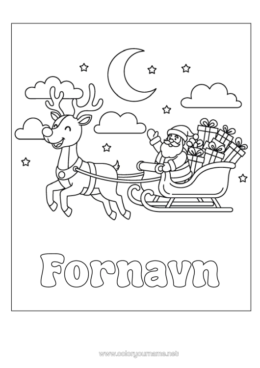 Farvelægningssiden til udskrivning Gaver Julemanden Rensdyr Slæde Skovens Dyr