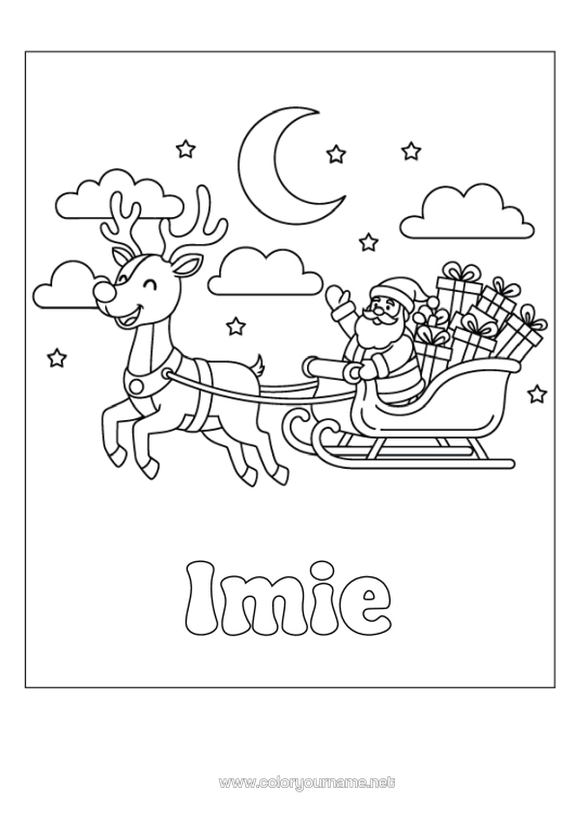 Kolorowanka do wydruku Prezenty Święty Mikołaj Renifer Sanie Zwierzęta Leśne