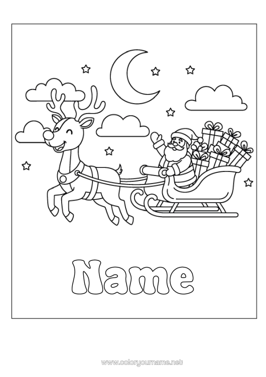 Coloring page to print Gifts Santa Claus Reindeer Sleigh Forest Animals