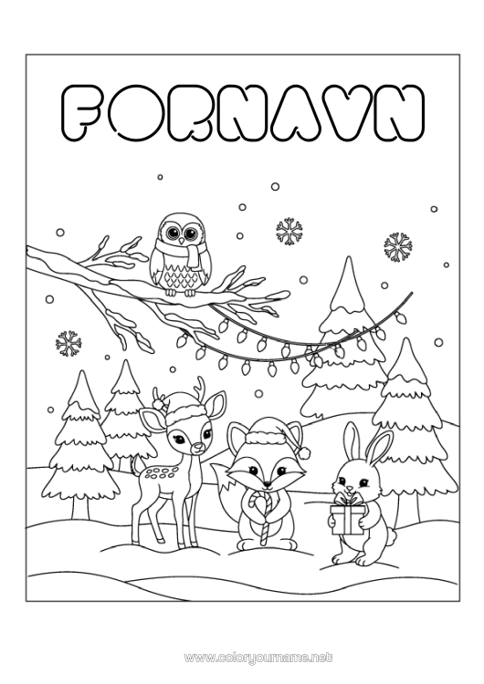 Fargeleggingssiden til utskrift Snø Vinter Rev Kule, Ugle Kanin Julelenke Snøfnugg Fugler Og Flygende Pattedyr Skogsdyr Gran Hjort Julelue