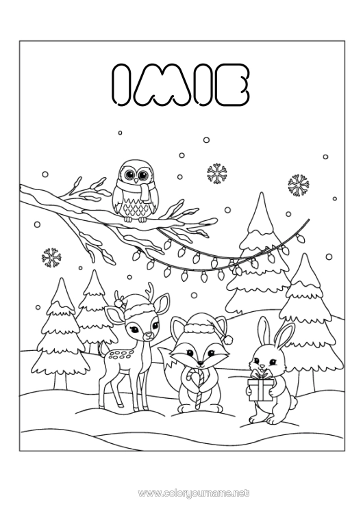 Kolorowanka do wydruku Śnieg Zima Lis Sowa, Puszczyk Zając Świąteczny Łańcuch Płatki Śniegu Ptaki I Latające Ssaki Zwierzęta Leśne Choinka Jeleń Czapka Świąteczna