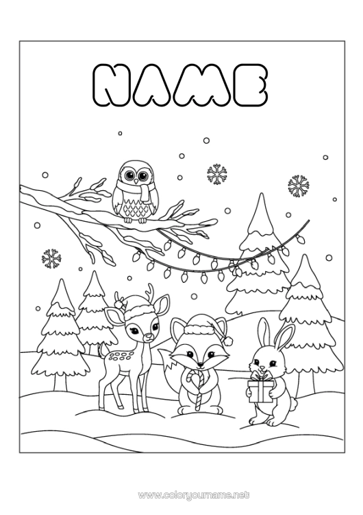 Colouring page to print Snow Winter Fox Owl, Tawny Owl Rabbit Christmas Garland Snowflakes Animal Birds And Flying Mammals Forest Animals Fir Tree Deer Christmas Hat