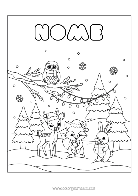 Página de desenho para imprimir Neve Inverno Raposa Coruja Coelho Guirlanda De Natal Flocos De Neve Pássaros E Mamíferos Voadores Animais Da Floresta Árvore De Natal Veado Gorro De Natal