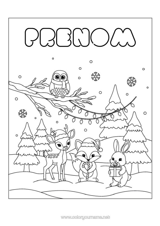 Coloriage à imprimer Neige Hiver Renard Chouette, Hibou Lapin Guirlande De Noël Flocons De Neige Oiseaux Et Mammifères Volants Animaux De La Forêt Sapin Cerf Bonnet De Noël