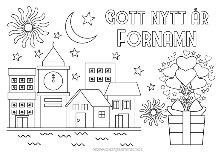 Färgläggningssida att skriva ut Hjärta Gåvor Gott Nytt År Fyrverkeri Stadsmiljö Meddelande "Gott Nytt År" Klocka