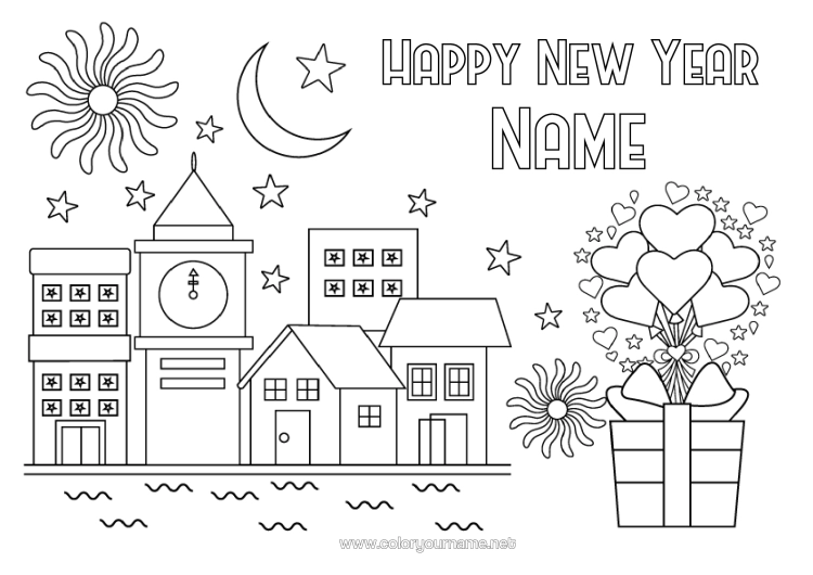 Colouring page to print Heart Gifts Happy New Year Firework Cityscape "Happy New Year" Clock