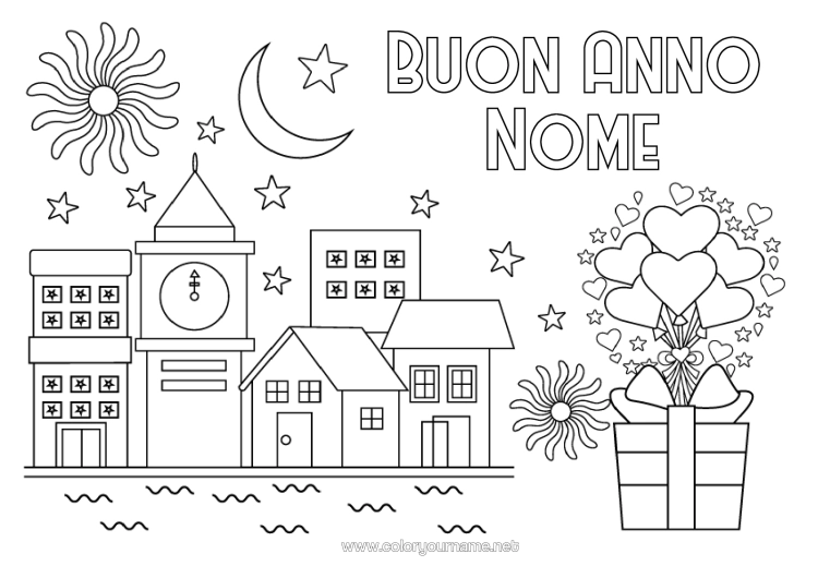 Pagina da colorare da stampare Cuore Regali Buon Anno Fuochi D'artificio Paesaggio Urbano Messaggio "Buon Anno" Orologio