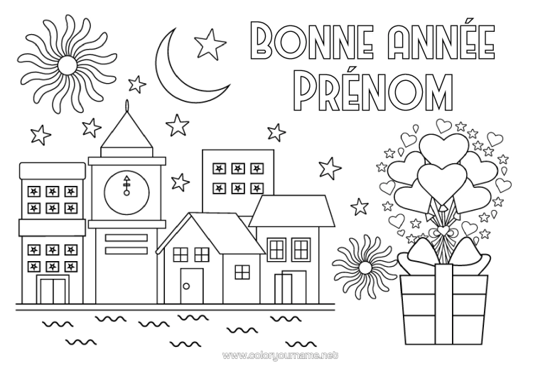Coloriage à imprimer Coeur Cadeaux Bonne Année Feu D'artifice Paysage De Ville Message "Bonne Année" Horloge