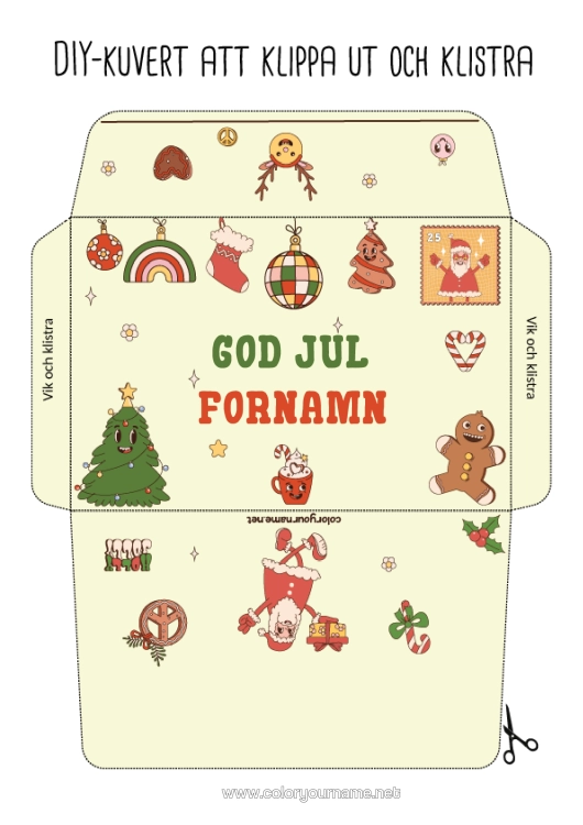 Färgläggningssida att skriva ut Jultomten Jul Julgranskula Juldekorationer Pepparkaka Kuvert Utskriftskuvert Julkuvert