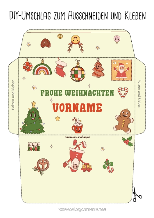 Malvorlage zum Ausdrucken Weihnachtsmann Weihnachten Weihnachtskugel Weihnachtsdekoration Lebkuchen Umschlag Bedruckbare Umschläge Weihnachtsumschlag