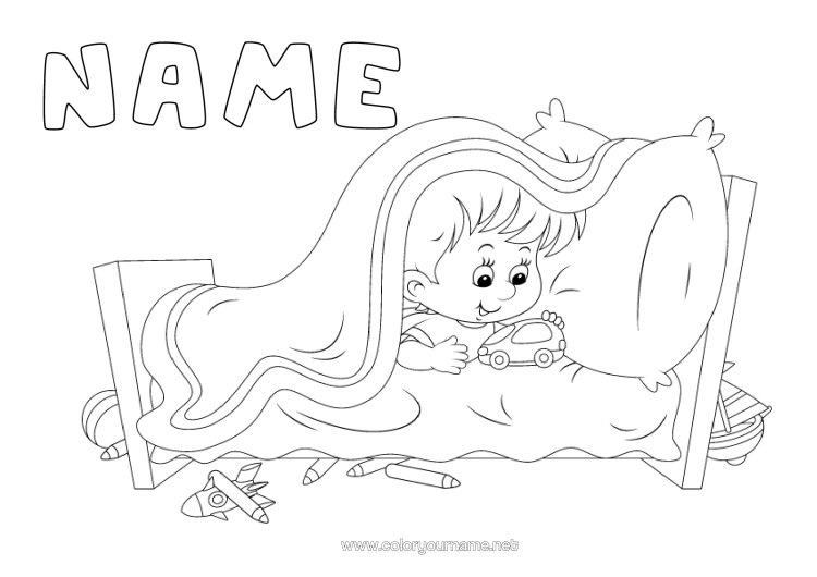 Colouring page to print Boy Child Bed