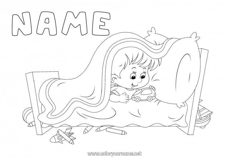 Coloring page to print Boy Child Bed