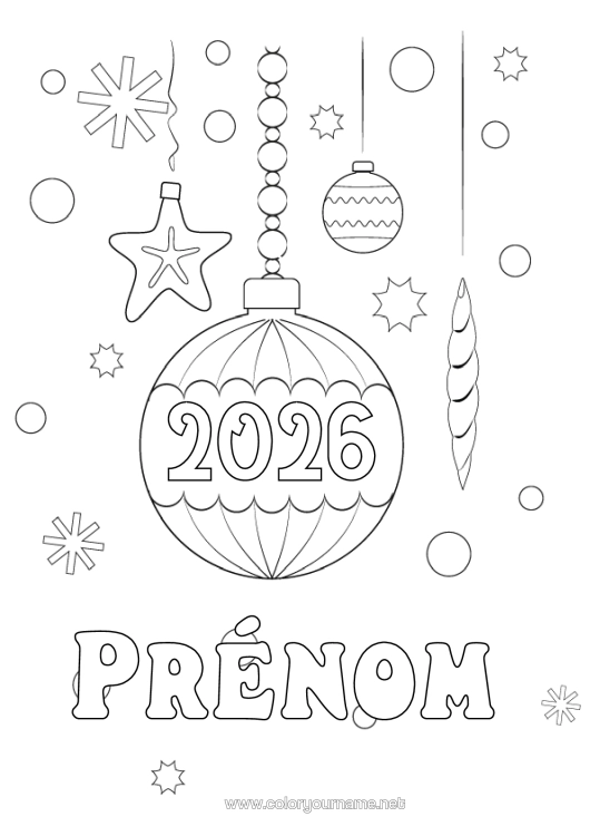 Coloriage à imprimer Boule De Noël Décorations De Noël Coquillages Animaux Marins Ou Aquatique Année Personnalisable 2026 2027 2028 2029