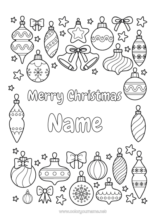 Coloring page to print Christmas Bauble Christmas Decorations “Merry Christmas” Message