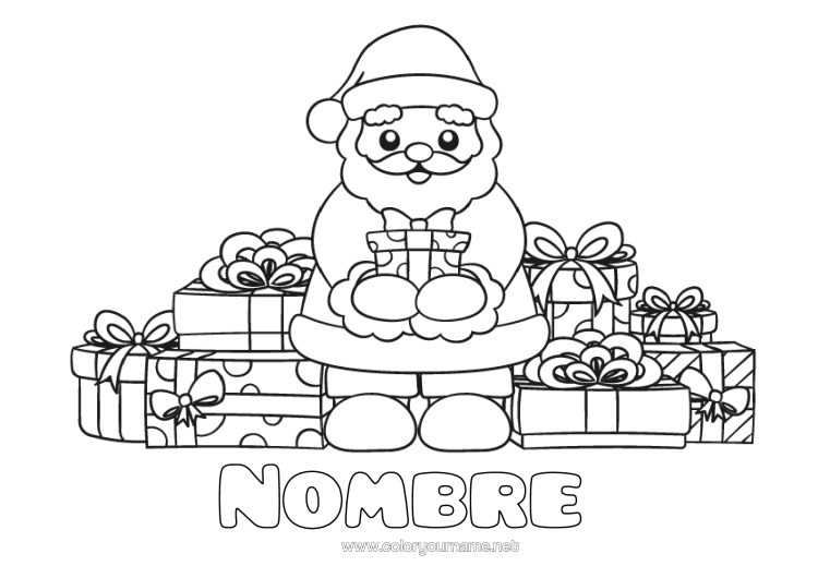 Dibujo para colorear para imprimir Regalos Papá Noel Navidad Kawaii