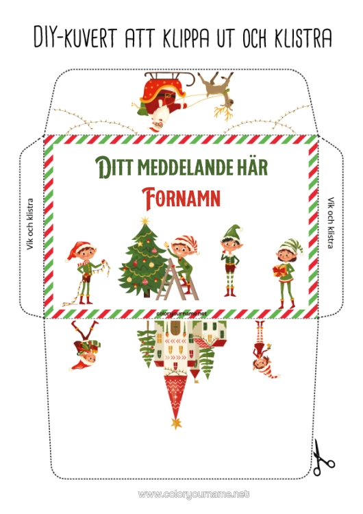 Färgläggningssida att skriva ut Julnissar Kuvert Utskriftskuvert Julälvens Resa Julkuvert Kuvert För Tomtens Post