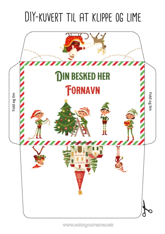 Farvelægningssiden til udskrivning Jule-Nisser Kuvert Trykt Kuvert Julefejls Rejse Julekuvert Julemandens Nissepostkuvert