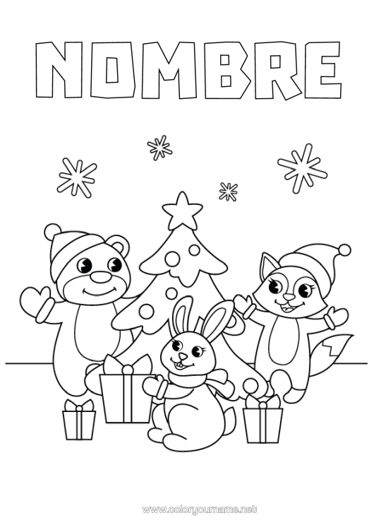 Dibujo para colorear para imprimir Llevar Árbol De Navidad Navidad Ardilla Conejo Dibujos Fáciles Para Colorear Animales Del Bosque Gorro Navideño